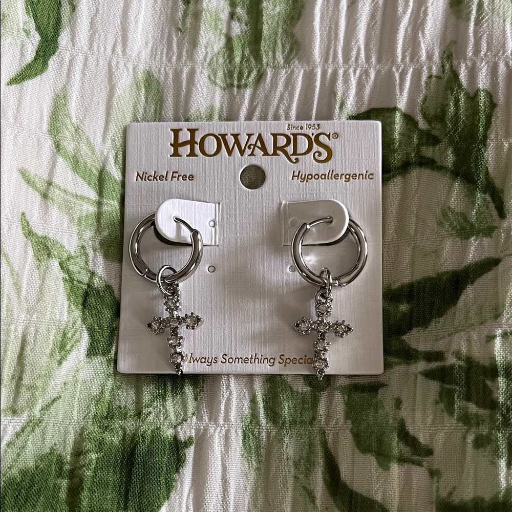 Howards Silver Crystal Cross Hoop Earrings